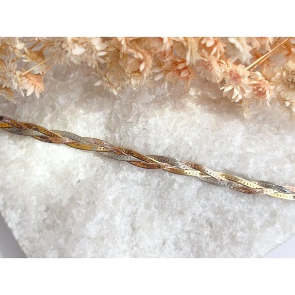 Italian HerringboneYellow Gold, Rose Gold & Silver 925 Vintage Bracelet - 7" - Picture 2 of 10